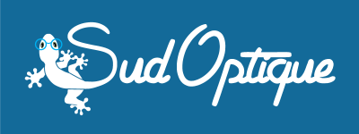 Logo Sud Optique blanc sur fond bleu